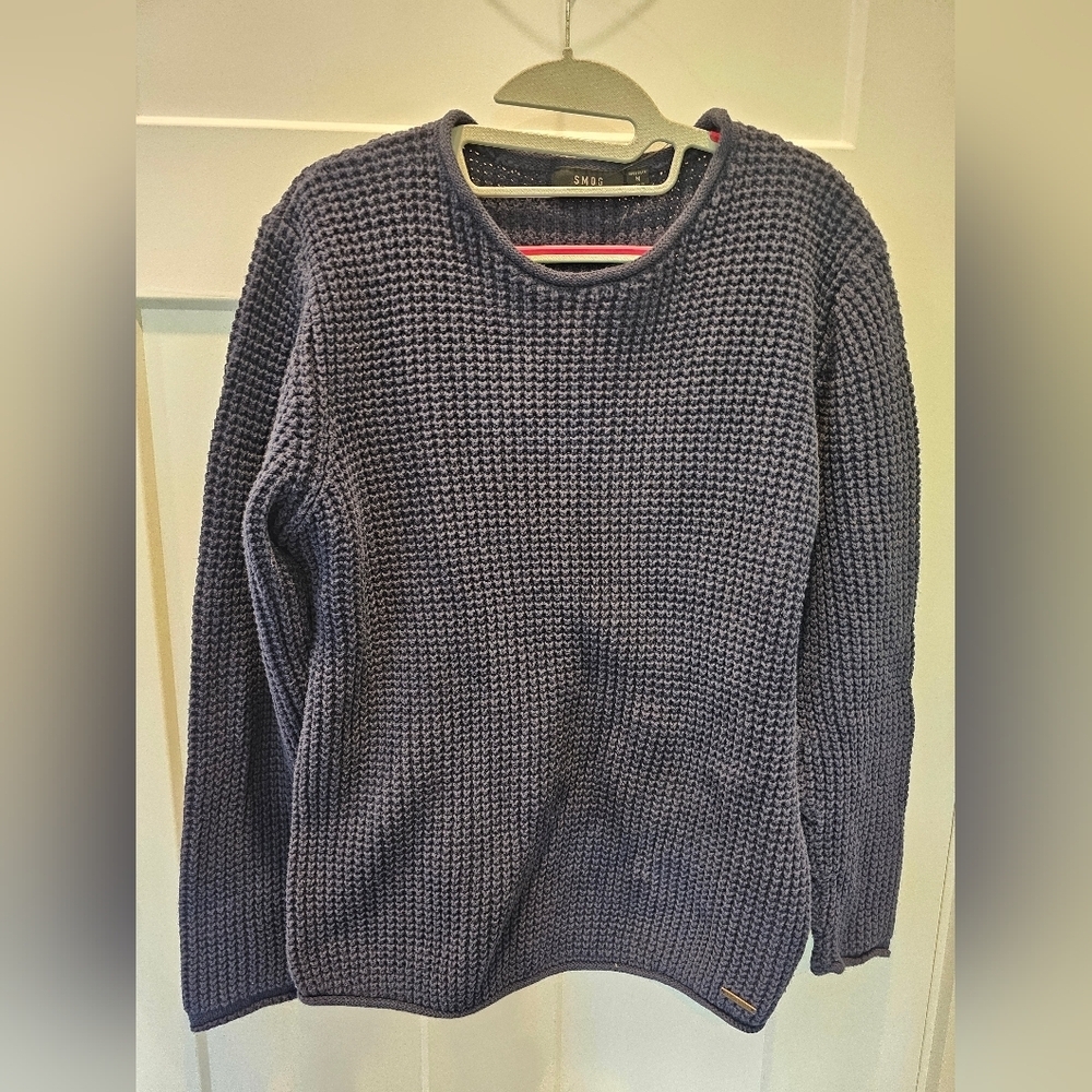 Smog URBAN Navy Blue Cotton Waffle Weave Slim Fit Sweater Medium